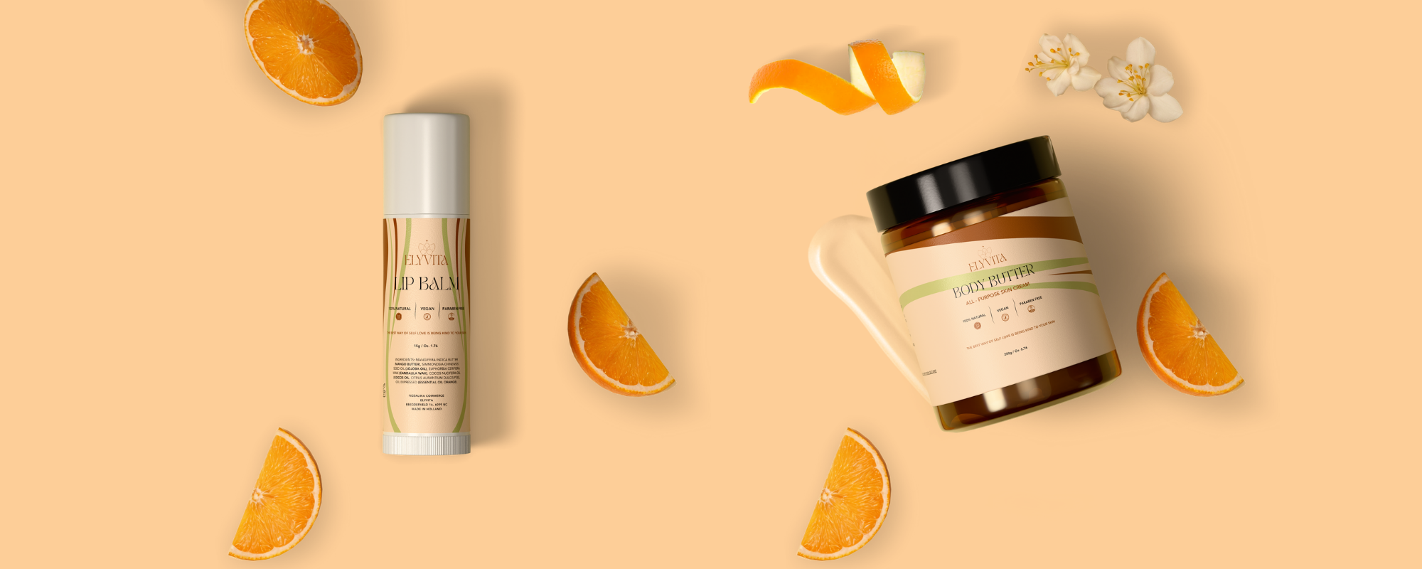 Elyvita body butter en lip balm met natuurlijke ingrediënten zoals sinaasappel en jasmijn -- holistische huidverzorging zonder schadelijke stoffen.